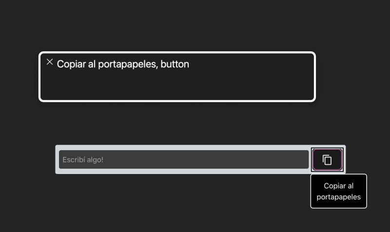Imagen del screen reader voice over anunciando: "copiar al portapapeles, botón"