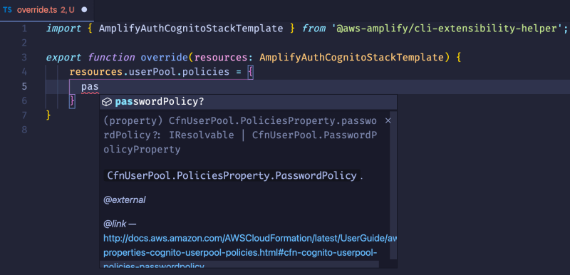 autocomplete showing the passwordPolicy CloudFormation link