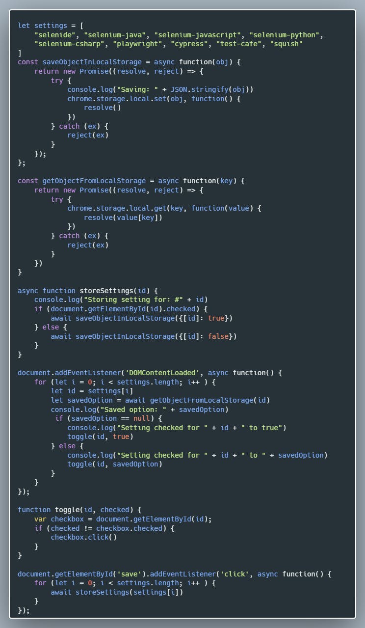 Options JavaScript file
