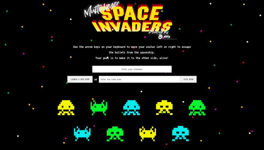 An image of the multiplayer Space Invaders game built over Websockets using Ably