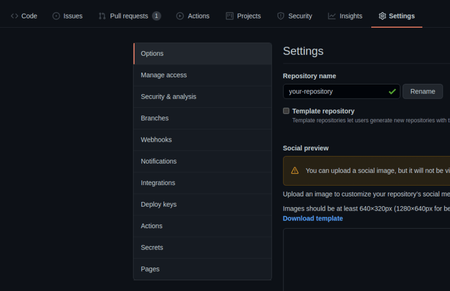 GitHub repository / Settings page