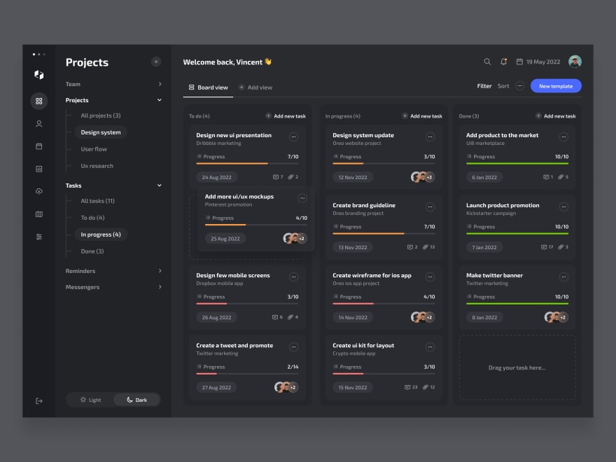 by [Mehdi Bagheri](https://dribbble.com/shots/18356550-Task-management-to-do-list-dashboard-Dark-mode)