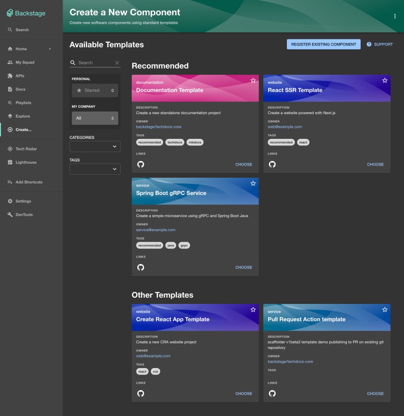 The interface for creating new services in [Backstage.io](http://backstage.io/), simplifying the process for developers.