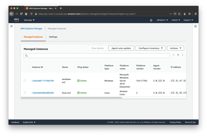 AWS SSM Managed Instances view with two instances appearing as online and managed