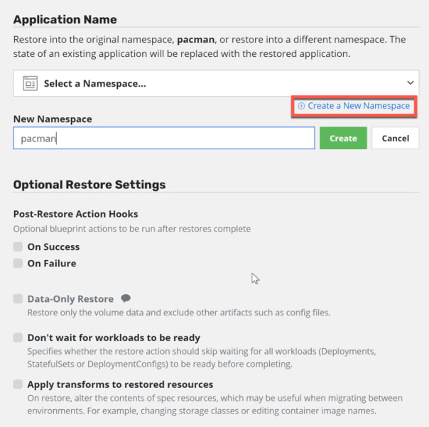 Kasten Applications Restore point Application Name Optional Restore Settings