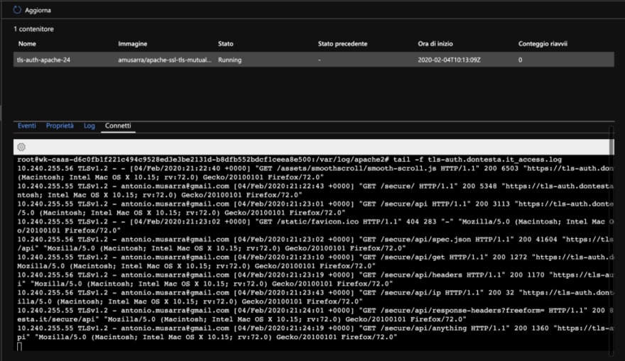 Apache HTTP 2.4 – Docker image for SSL/TLS Mutual Authentication in esecuzione su Azure Containers