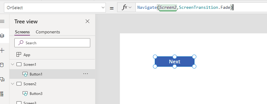 A picture showing how to add the Navigate function for Screen 2 in PowerApp