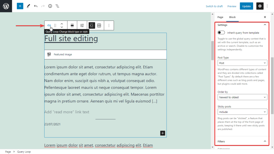 example for dynamic data of blocks: Query Loop Block displays a list of blog posts or CPT