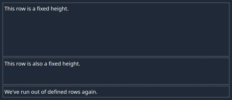 Three rows with content. The first and second row have different fixed heights while the last row fits its content.