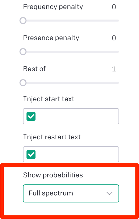 The show probabilities setting is found in the bottom right of the OpenAI playground.
