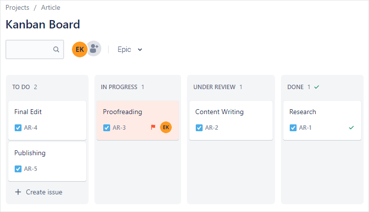 Kanban template in Jira (Kanban Board interface)