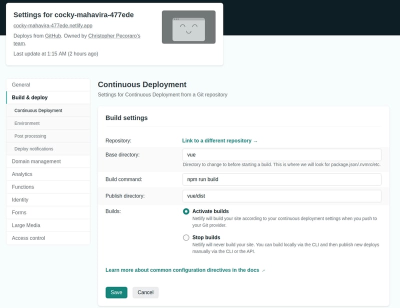Screenshot of Netlify's continuous deployment build settings interface