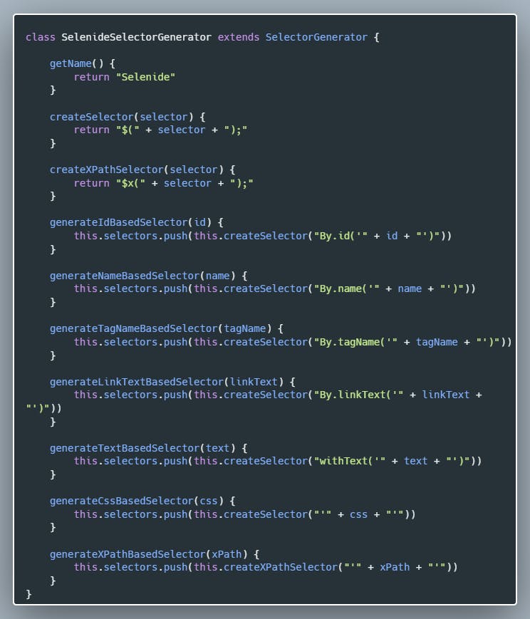 Selenide Selector Generator Class JavaScript Source Code