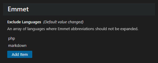 my VS code settings view screenshot to show PHP excluded from Emmet included languages