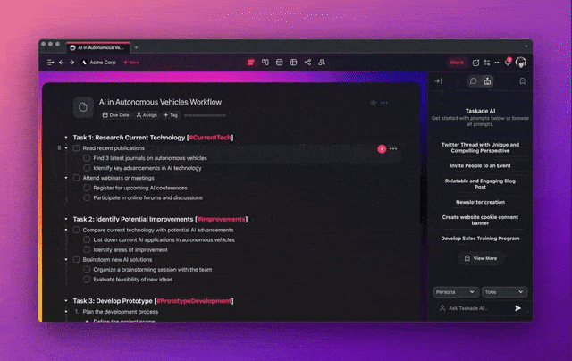 Taskade AI Research agent running a web search within the project editor.