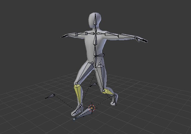 low-poly character rig in Blender by Karan Shah. Character has its arms outspread and its legs are posed as though lunging.