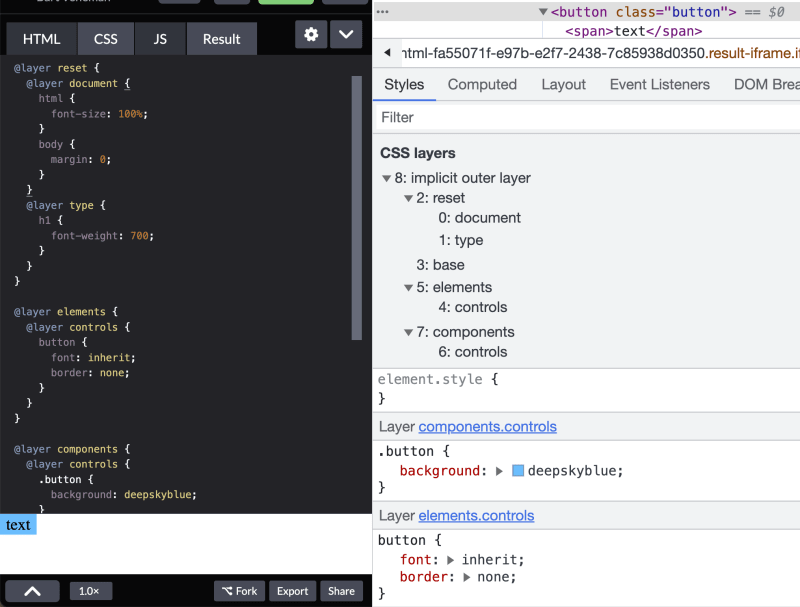 Chrome (v114) devtools showing the resolved layers as well as the resolved layer tree of all layers in the CSS.