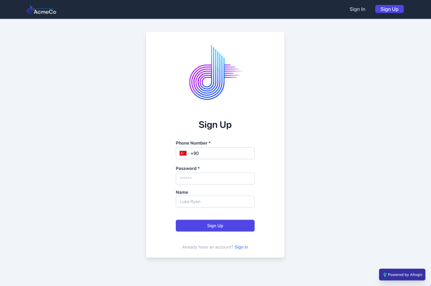 Sign Up page preview