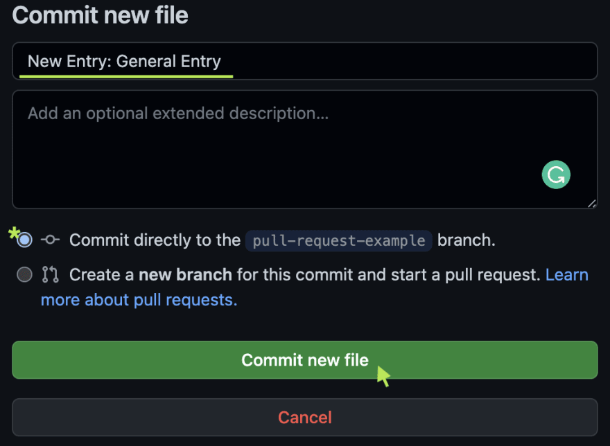 Screenshot of the "Commit New File" button being clicked.