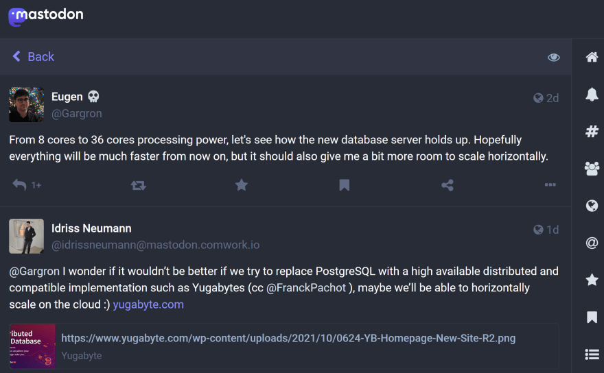 <br>@Gargron<br>From 8 cores to 36 cores processing power, let's see how the new database server holds up. Hopefully everything will be much faster from now on, but it should also give me a bit more room to scale horizontally.<br>