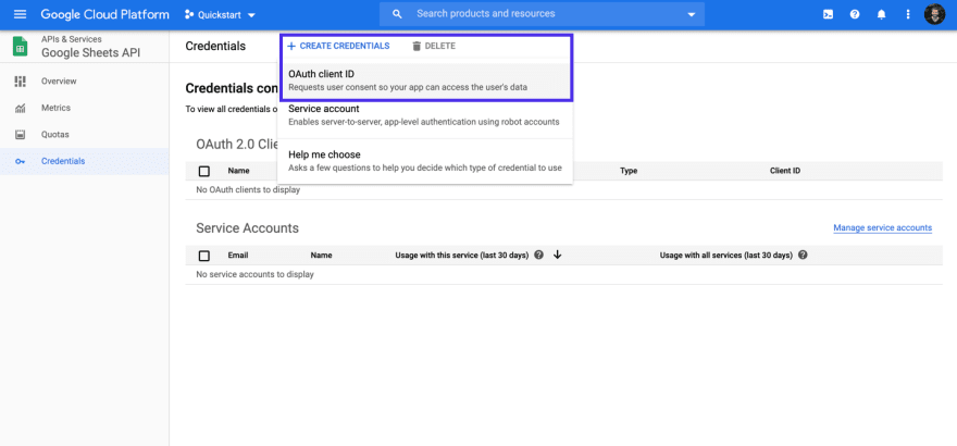 Create OAuth credentials for the Google Sheets API