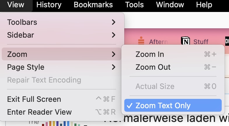 Showing how to choose "zoom text only" from the main menu.