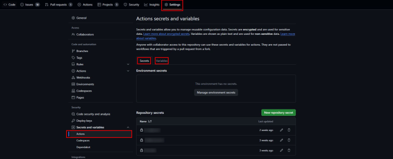 GitHub Repository: Secrets and variables