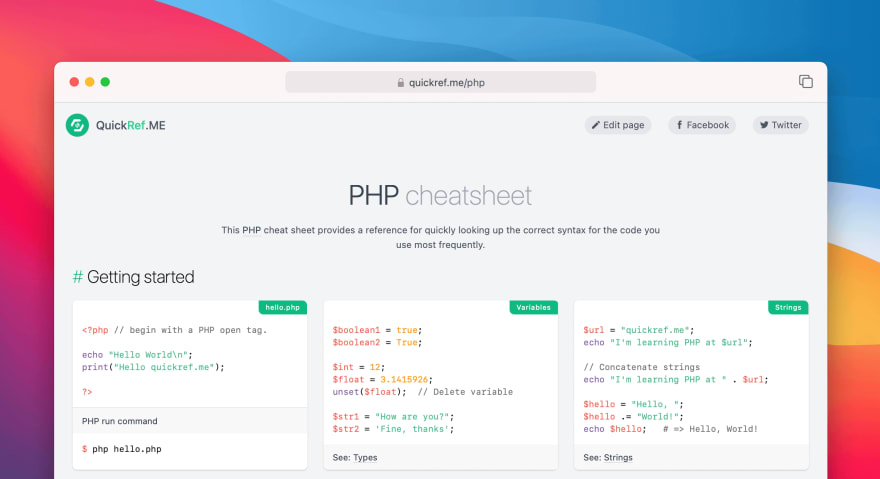 Php Cheat Sheet Dev Community Read our php syntax lesson to get a grasp of the basic syntax php uses and start programming php! php cheat sheet dev community