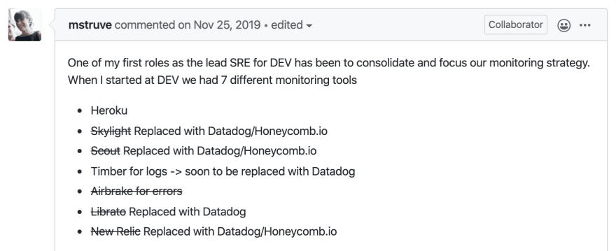 GitHub issue description in which Molly lists the seven monitoring tools she wants to consolidate