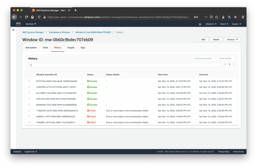 The execution history for the maintenance window, showing both successful and failed executions