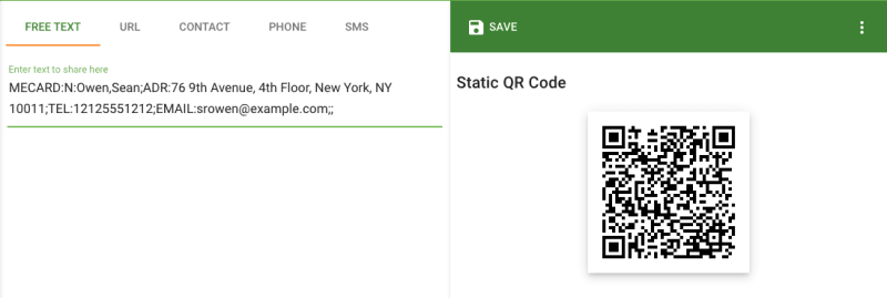 QR generator input box with contact information and the generated QR Code