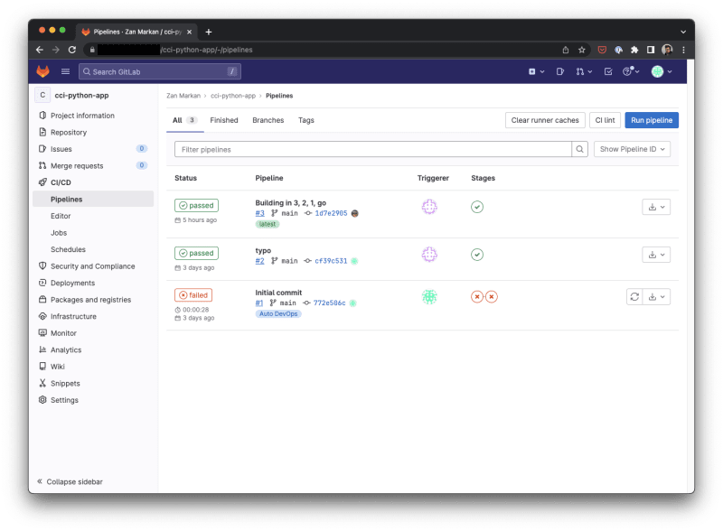 GitLab pipelines view