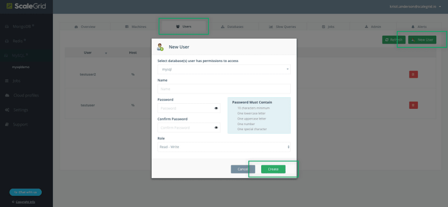 Create a MySQL Database New User in ScaleGrid DBaaS for ZEIT Now on WordPress