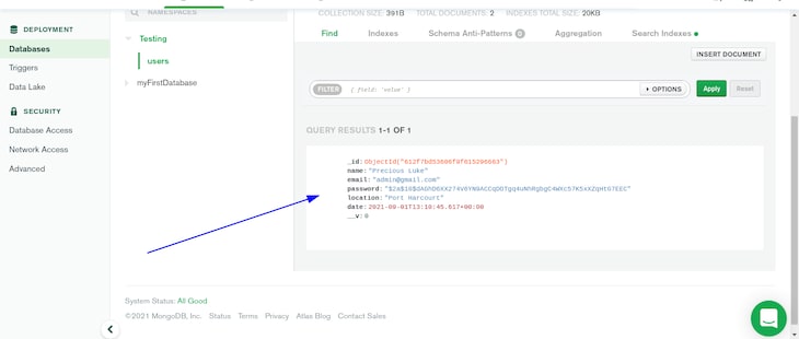 Collected User Information Showing In MongoDB, Redirects The User To The Login Page