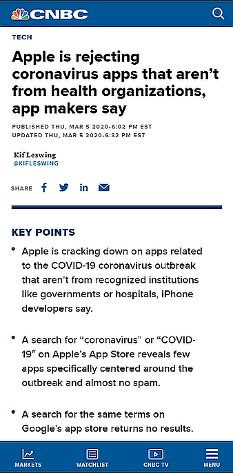 CNBC news article on coronavirus app removal