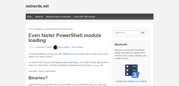 A screenshot of Chrissy LeMaire's article on using compression to improve the loading times of her Powershell modules.