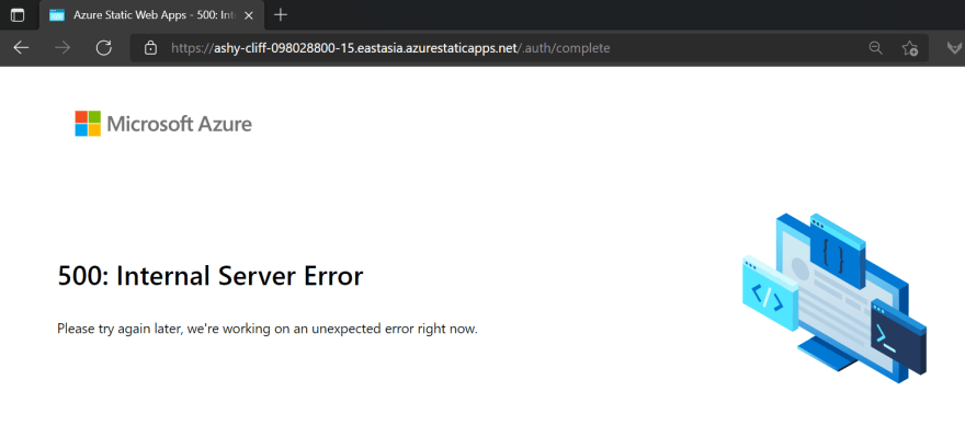 Azure SWA displaying a message about internal server error