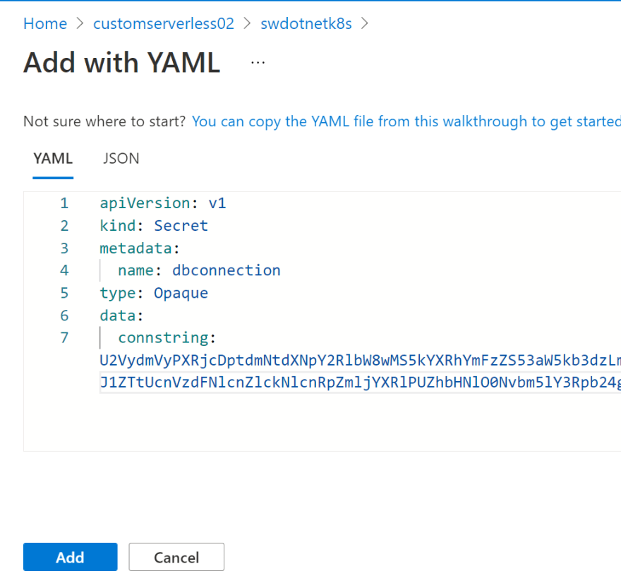 Creating a new Kubernetes Secret using the Azure Portal.