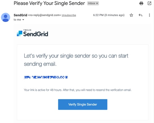 An email from SendGrid with a button saying "Verify Single Sender".