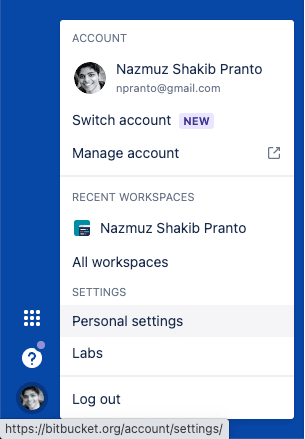 Personal settings from profile dropdown