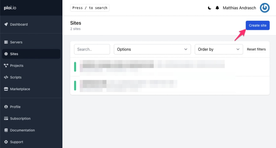 Screenshot ploi site dashboard, button create site is highlighted