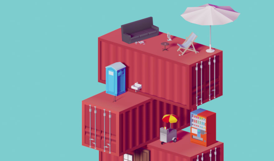 A surreal stack of shipping container boxes with various furniture on top of them