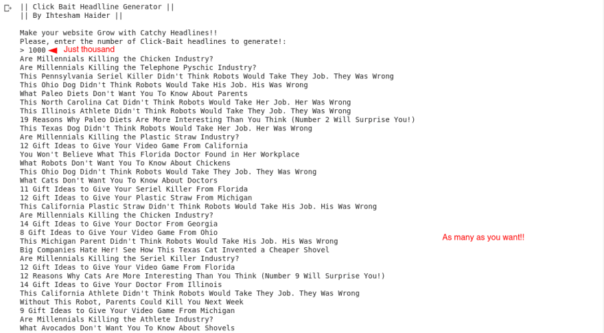 Python Project: Click-Bait Titles Generator (with TUTORIAL) - DEV Community