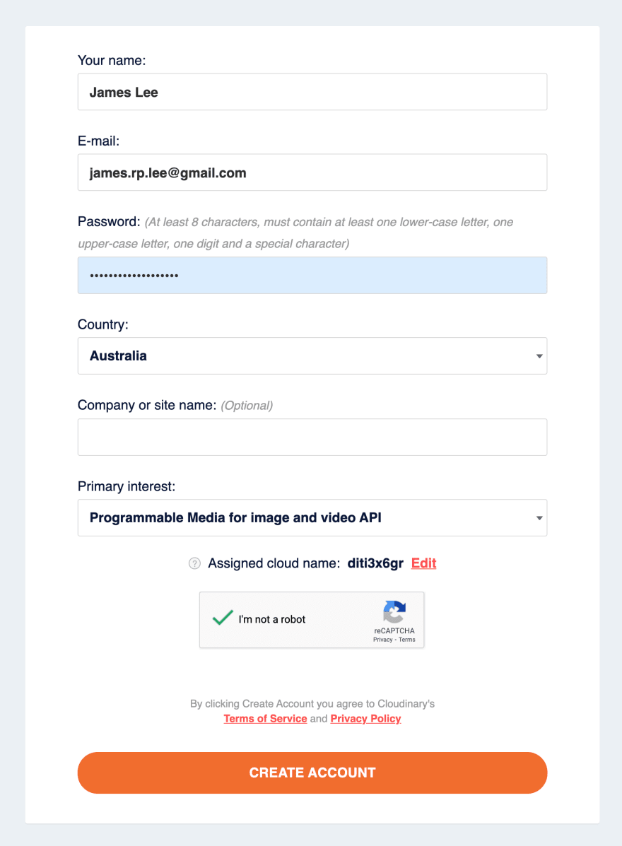Cloudinary Sign up form
