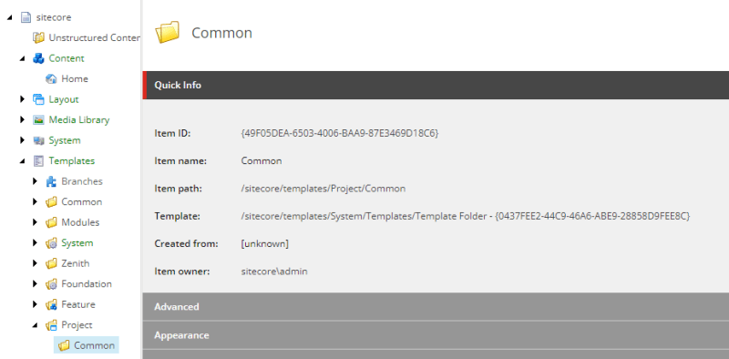 Screenshot from Sitecore Content Editor interface shows part of the content tree on the left, with a "Common" folder selected in the Templates area of the tree. The main portion of the image shows the details of the item, including Item ID