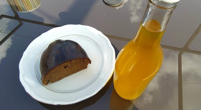 Walnut cake and a bottle of walnut oil, bot of my own making