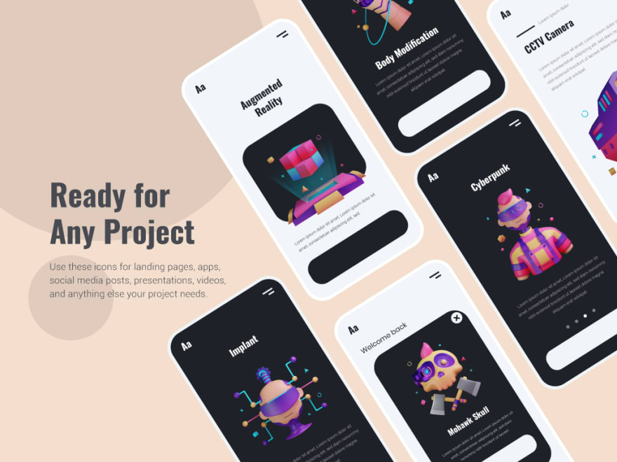 by [Krafted](https://dribbble.com/shots/18894095-Cyberpunk-Dystopia-3D-Icon-Set)