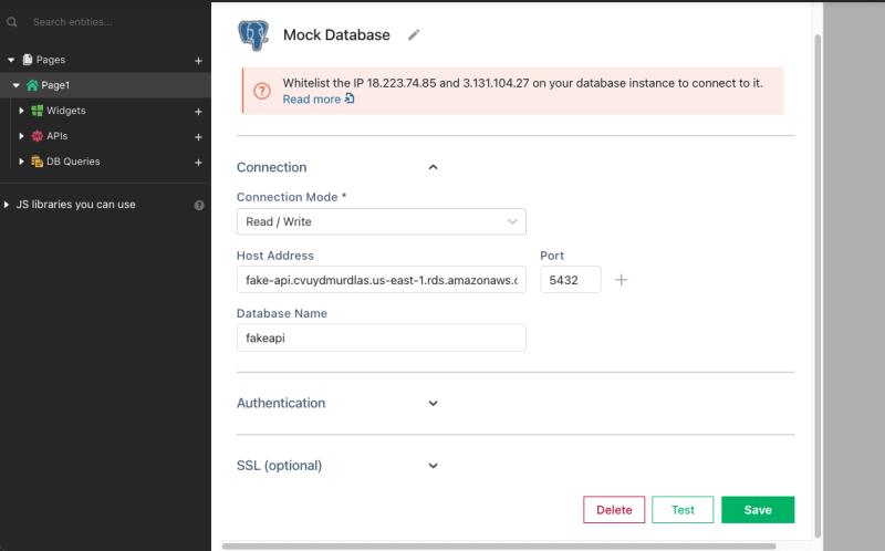screenshot showing the database connection form