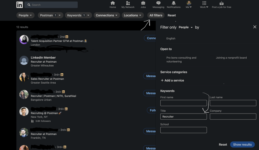 Screenshot showing how to access LinkedIn filters and search by title