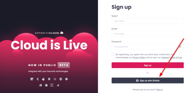 Appwrite sign-up page